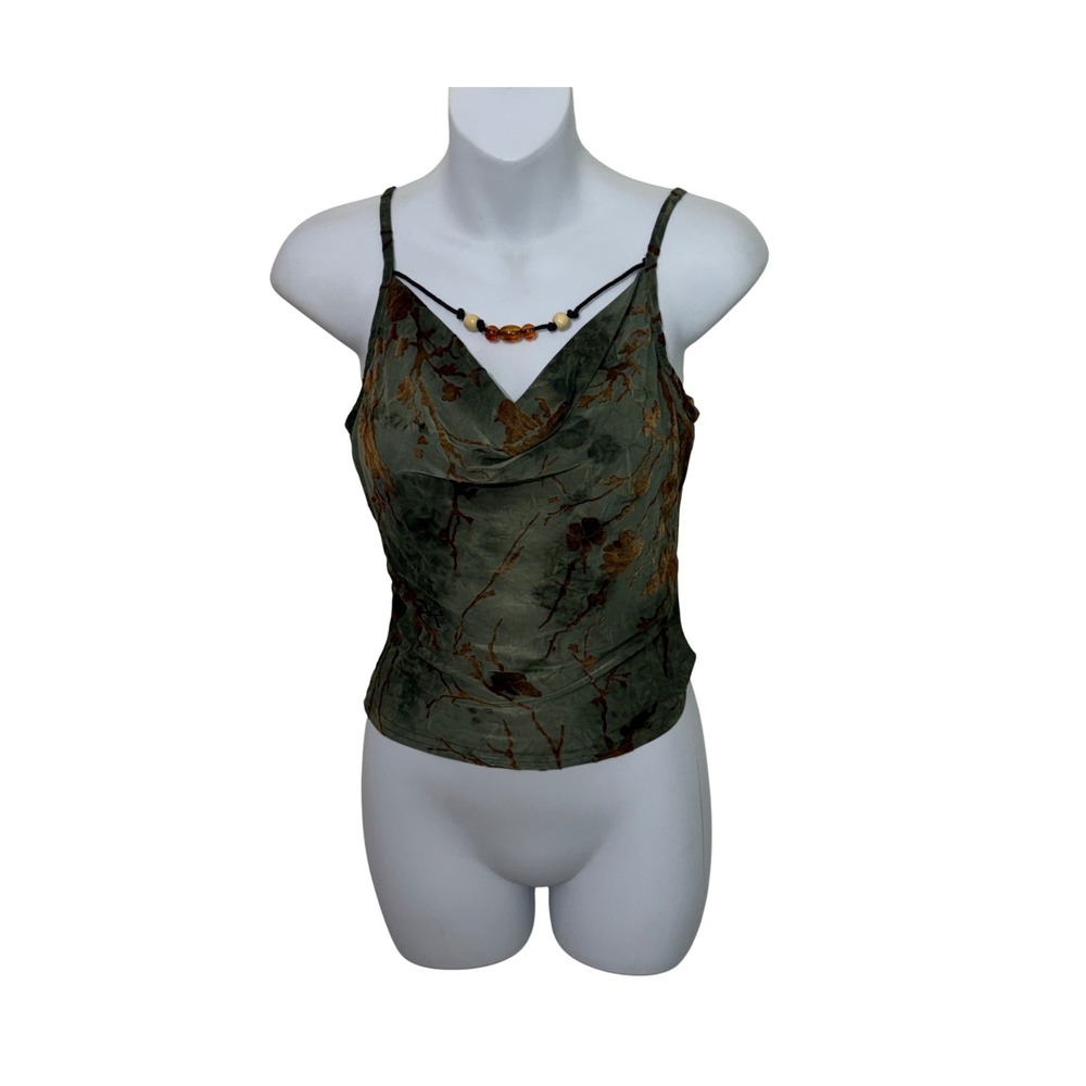 Goblincore Fairy Women's Small Green Burnout Velvet Floral Cowl Neck Beaded